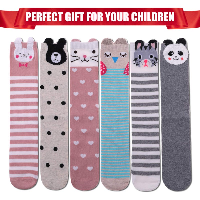 FNOVCO Girls Knee High Socks Kids Crazy Fun Gift Cute Animal Patterns Cotton Long Socks 6 Pairs (3 Pairs Animal) - Image 5